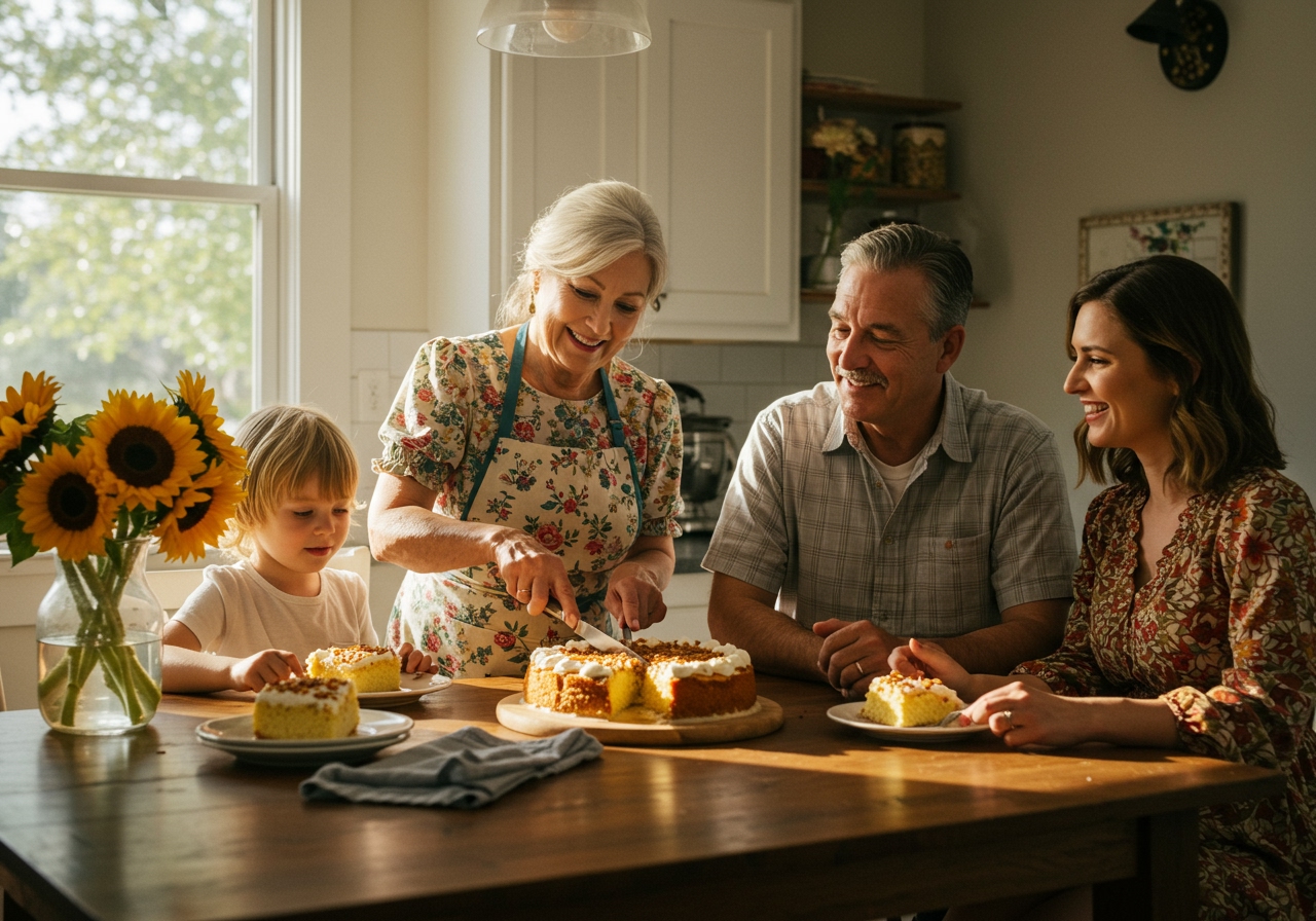A warm, inviting kitchen scene with a family (perhaps including a grandmother and child) gathered around a table, sharing slices of Tres Leches cake.