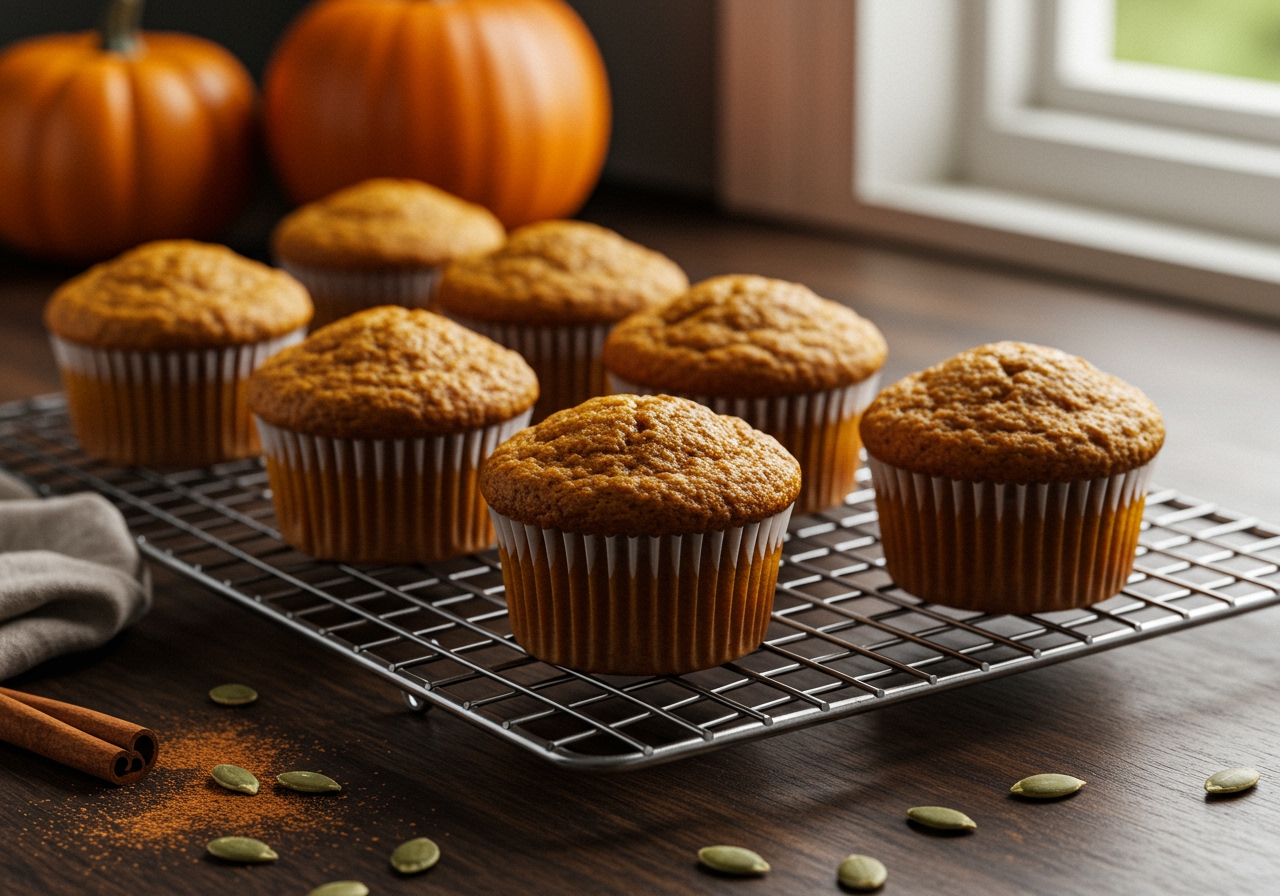 A warm, inviting photo of freshly baked pumpkin and honey wheat muffins cooling on a wire rack.