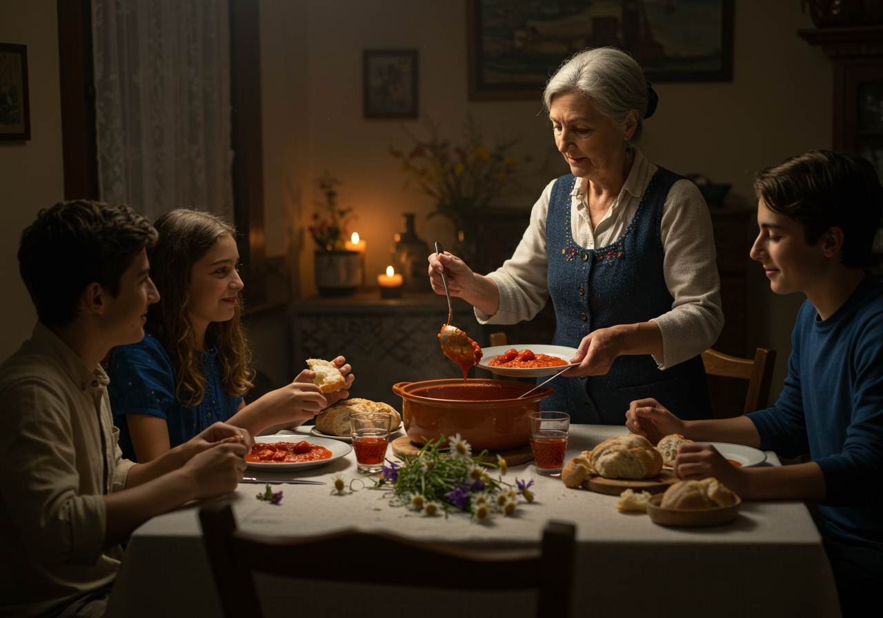 A warm, inviting scene of a Ligurian family enjoying Passatina together at a dinner table, emphasizing the dish as a comforting, family-centered meal.