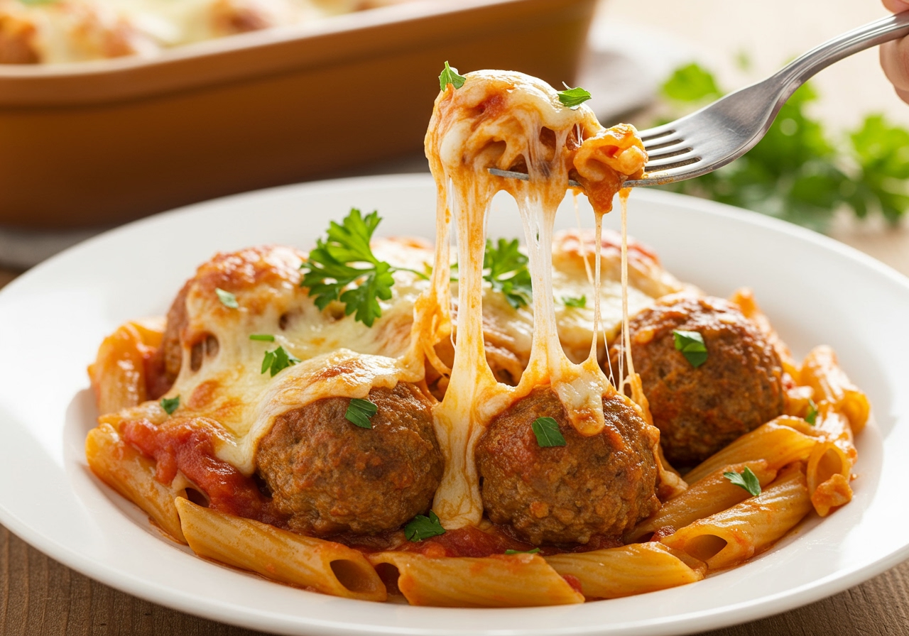 A warm, inviting serving of meatball pasta bake on a white plate, garnished with fresh parsley, with a fork digging into the gooey cheese and rich sauce.