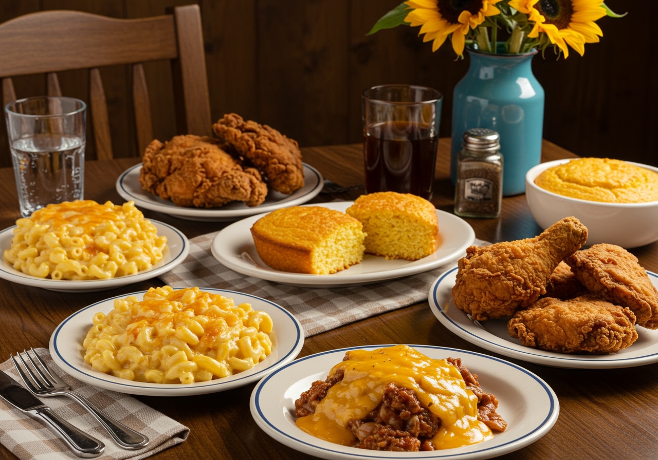 A warm, inviting table spread with various American comfort foods like macaroni and cheese, fried chicken, and cornbread, with soft, ambient lighting.
