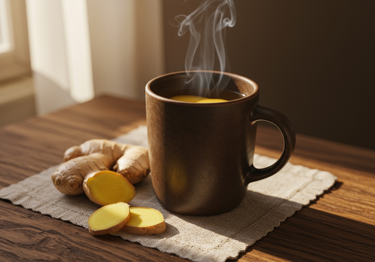 A warm mug of ginger tea with fresh ginger slices next to it, in a cozy setting.