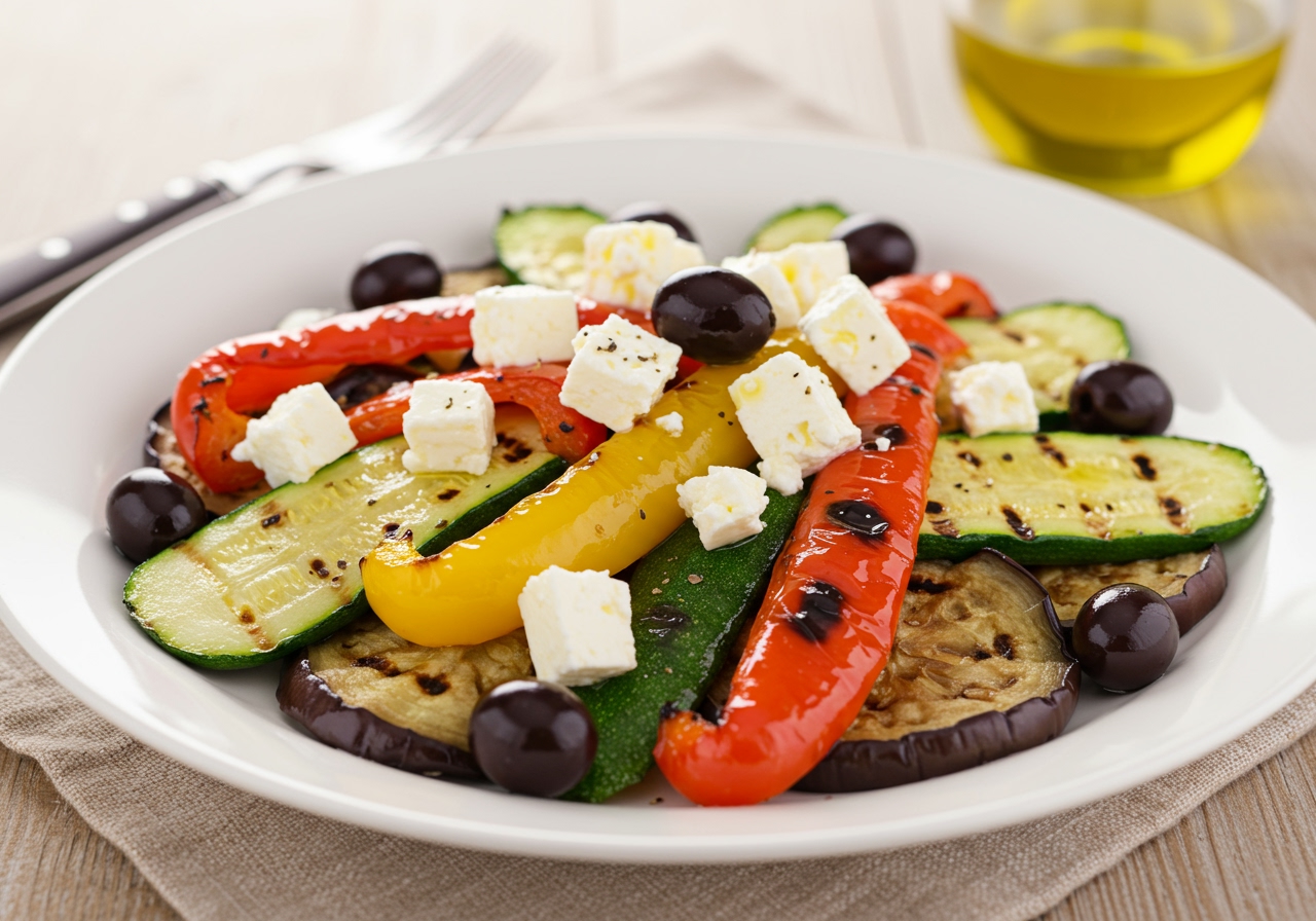 A warm salad plate filled with grilled colorful vegetables like zucchini, bell peppers, and eggplant, topped with crumbled feta cheese and black olives, drizzled with olive oil.