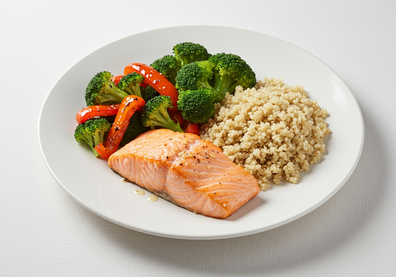 A well-balanced diabetes dinner plate showing portions of vegetables, lean protein, and complex carbohydrates