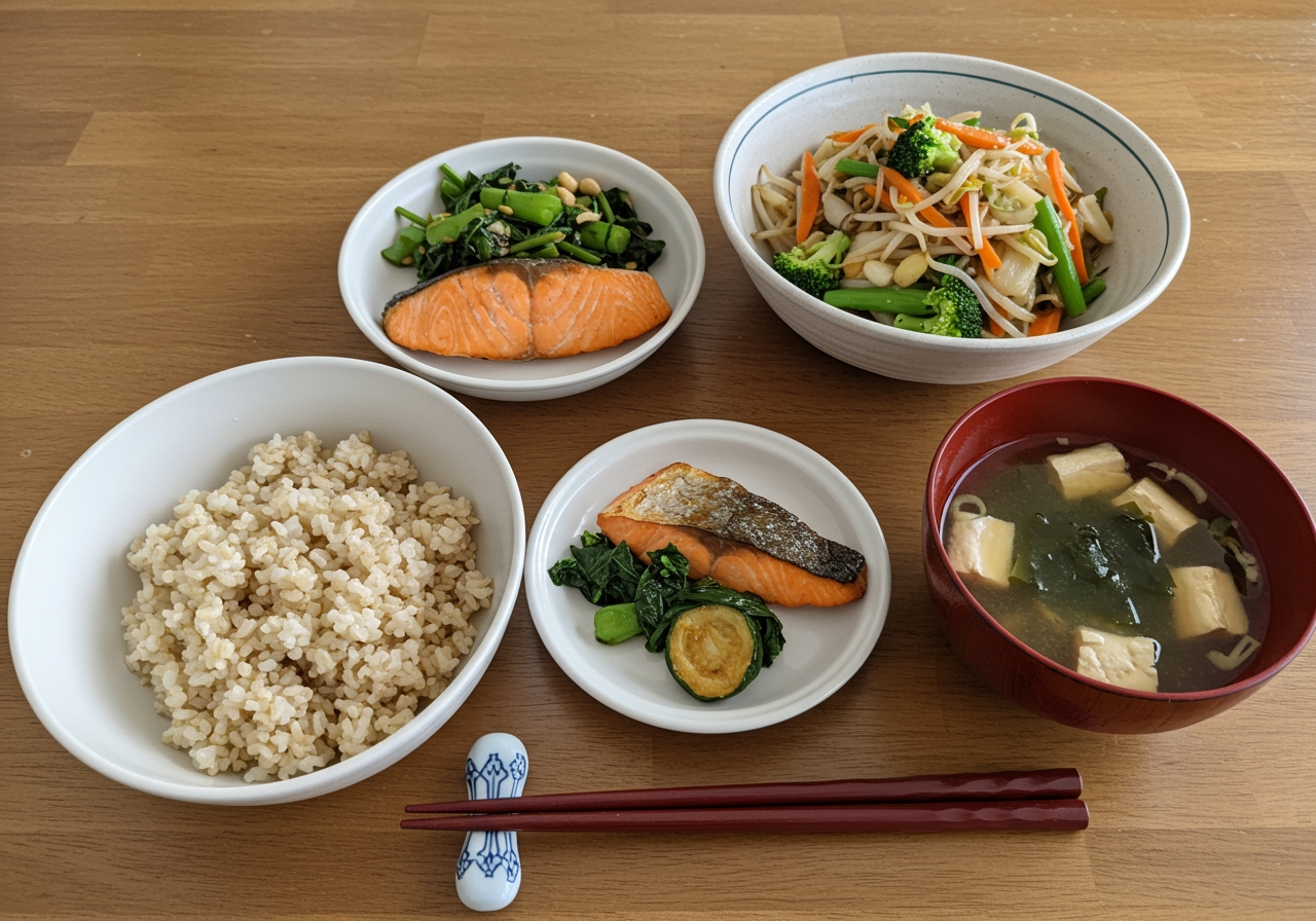 A well-balanced Japanese set meal (定食) featuring a moderate portion of brown rice, grilled fish (like salmon or cod), a large bowl of vegetable stir-fry, and a small bowl of miso soup with tofu and seaweed. The setting is a clean, healthy kitchen table.