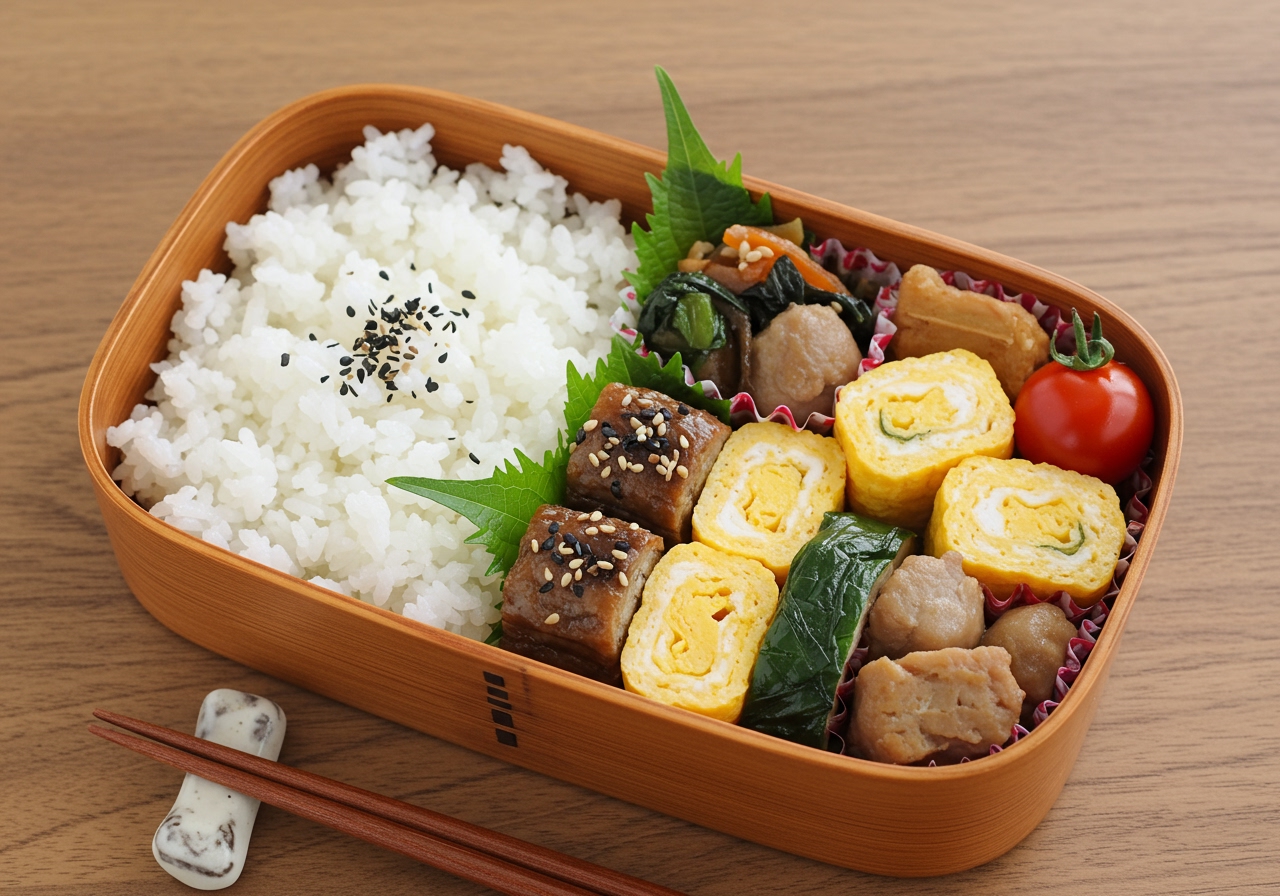 A well-composed bento box with 海老と春雨のタイ風炒め as the main dish, showing its colorful appeal and suitability for packed lunches, alongside rice and other small side dishes.