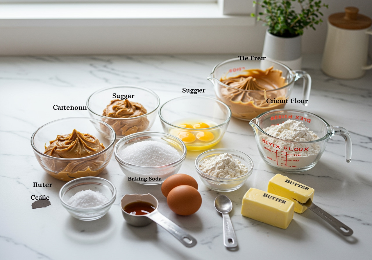 A well-lit, aesthetically pleasing flat lay image showing all the measured ingredients for a peanut butter cake arranged neatly on a kitchen counter.