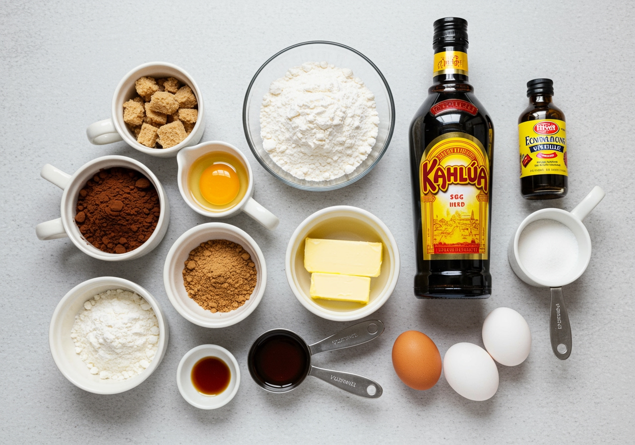 A well-lit flat lay image showing all the ingredients for chocolate Kahlua brownies neatly arranged on a counter.