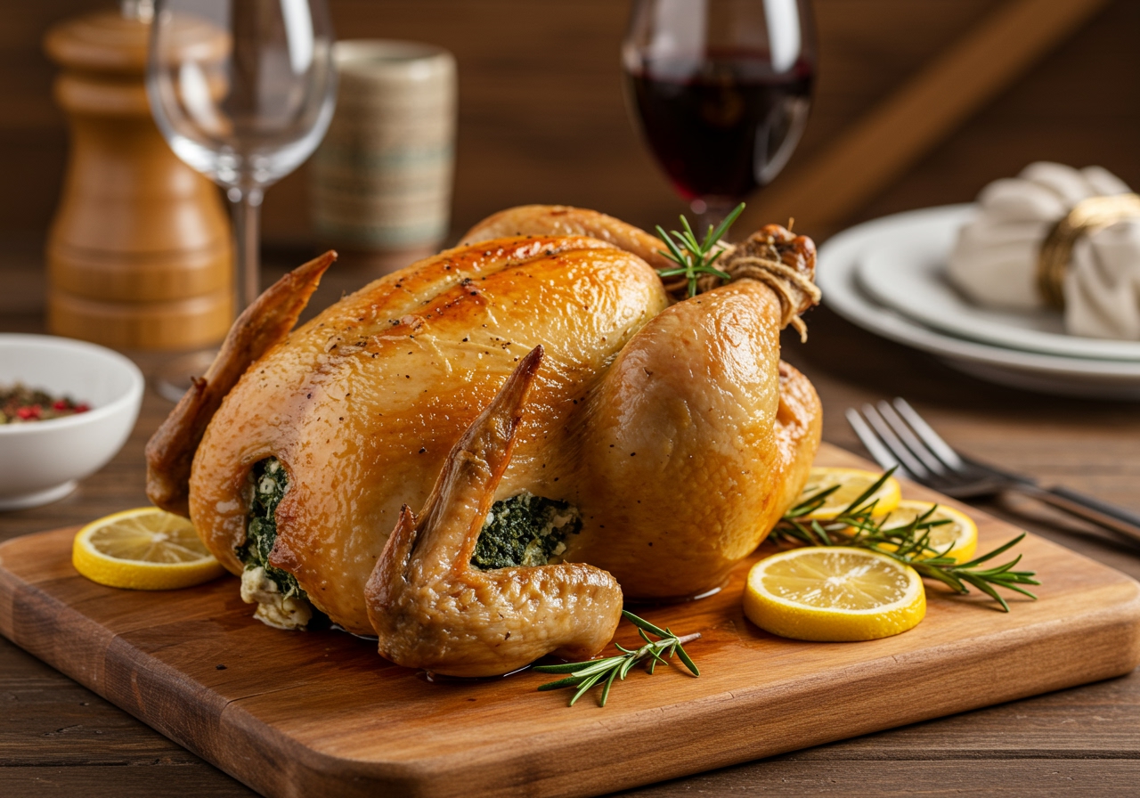 A whole baked spinach and cream cheese stuffed chicken, garnished with fresh rosemary and lemon slices, served on an elegant wooden board with a blurred background of a cozy dining setting.