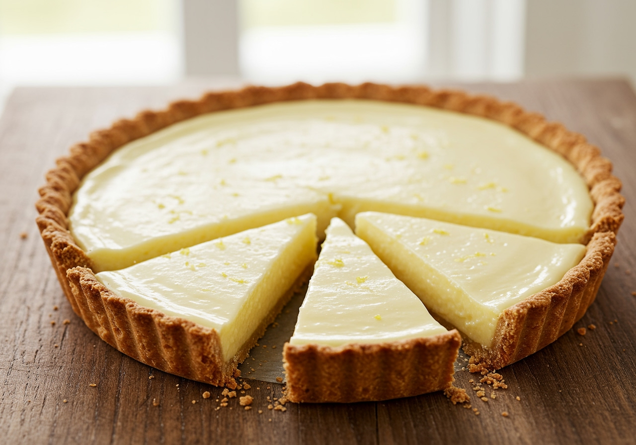 A whole creamy lemon pie, perfectly sliced, with a few slices already removed, revealing the smooth texture of the filling. The pie is on a rustic wooden table with a soft focus background of a bright window, suggesting a cozy home setting.