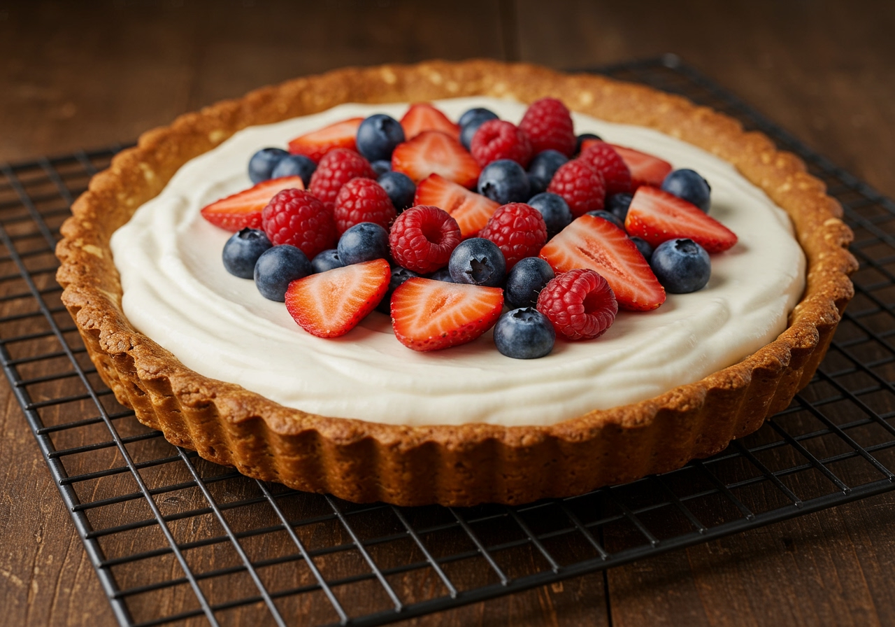 A whole healthy pretzel tart, freshly assembled with a creamy filling and colorful fruit toppings, set on a cooling rack.