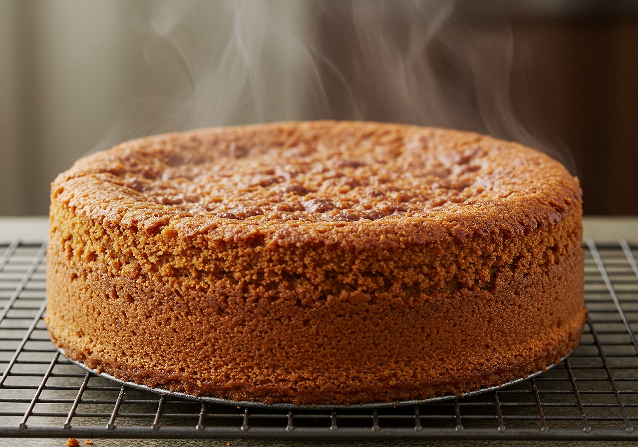 A whole Kabocha Crunch Pudding Cake, freshly baked, on a cooling rack, with steam gently rising. The top is golden and crunchy, hinting at the delicious layers within.