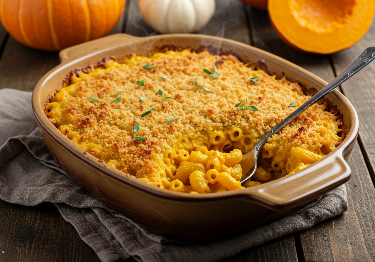 A wide shot of a baked healthy vegan pumpkin macaroni and cheese in a rustic baking dish, with a golden-brown crispy topping. Steam is gently rising, and a serving spoon is partly submerged.