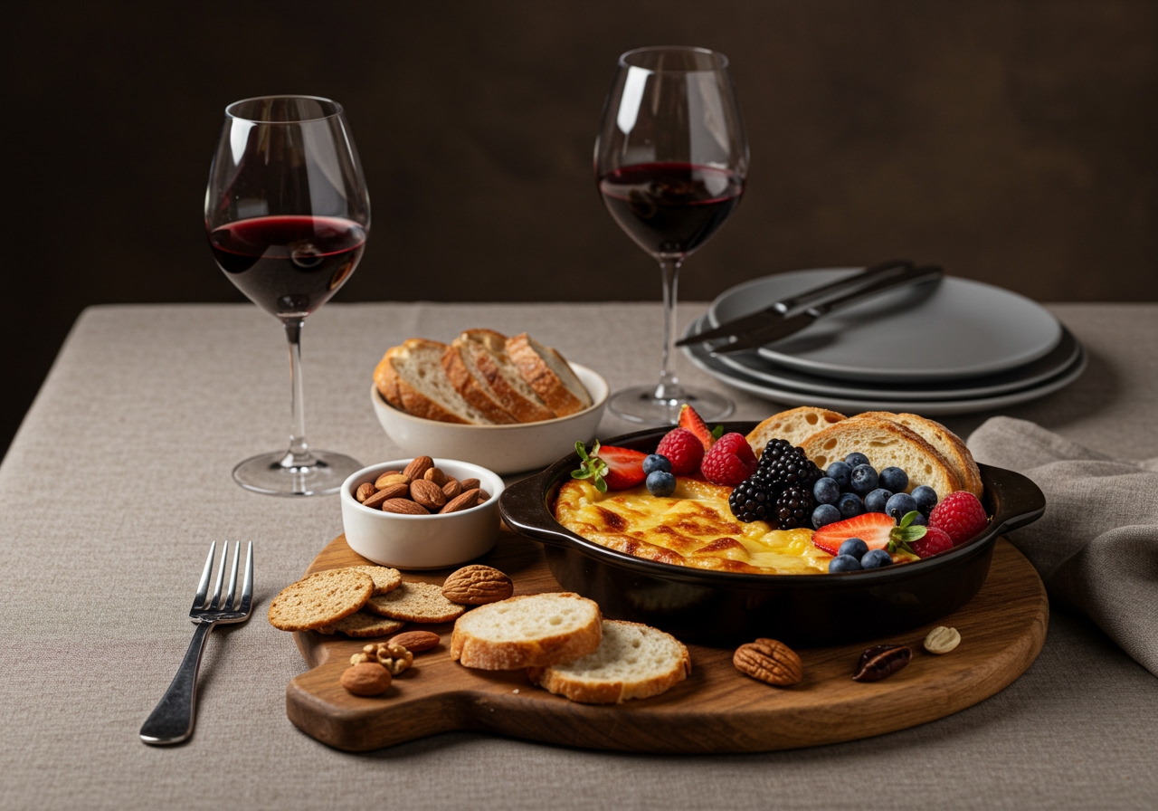 A wide shot of a beautifully arranged table setting. In the center, a serving of craft-style baked cheese with various toppings and accompaniments like fresh berries, nuts, crusty bread, and artisanal crackers. Two wine glasses are present, and the overall mood is cozy and inviting.