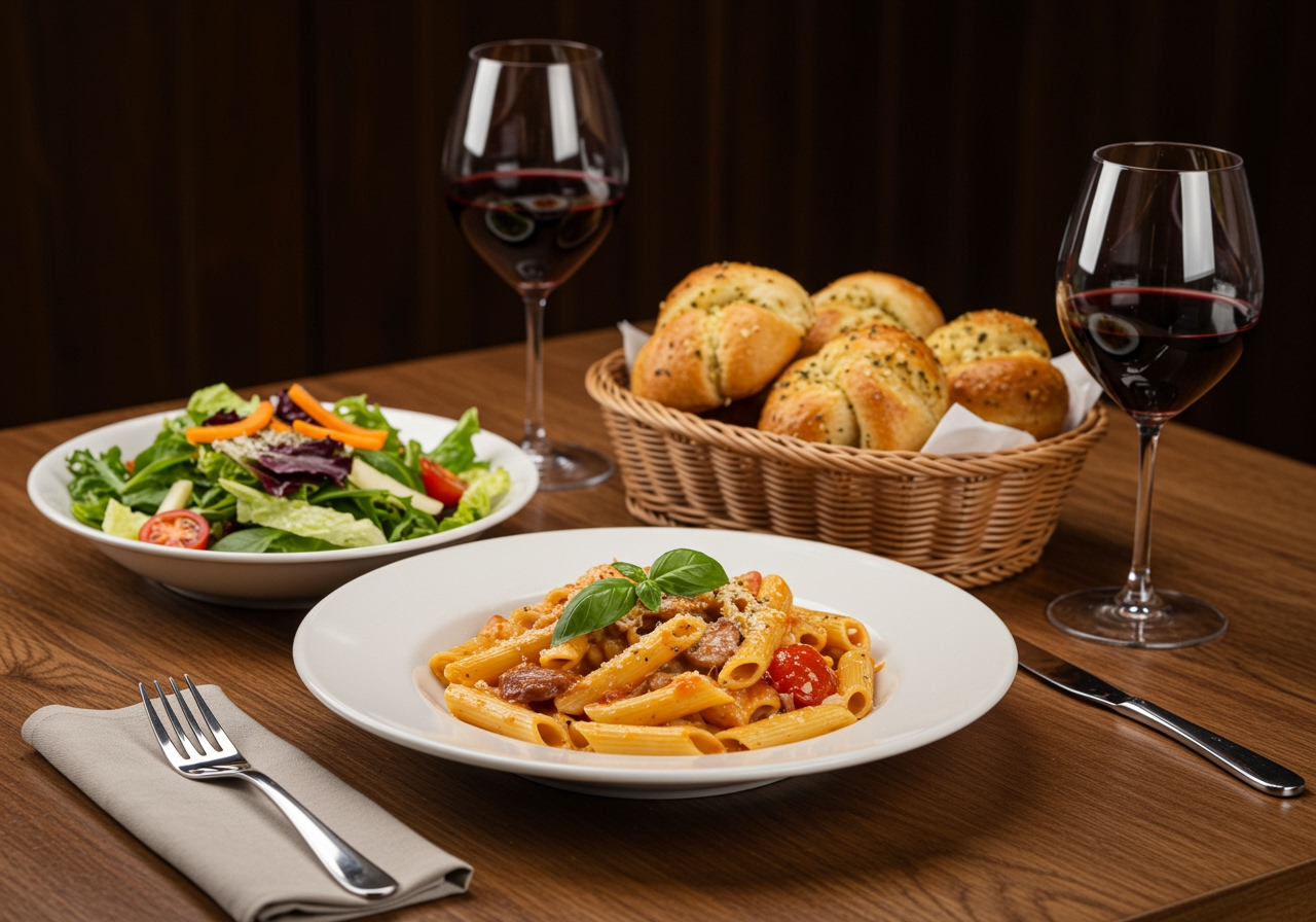 A wide shot of a beautifully set dinner table featuring a main pasta dish, a fresh green salad, and a basket of freshly made Jimbo-style garlic knots, with a glass of red wine in the background.