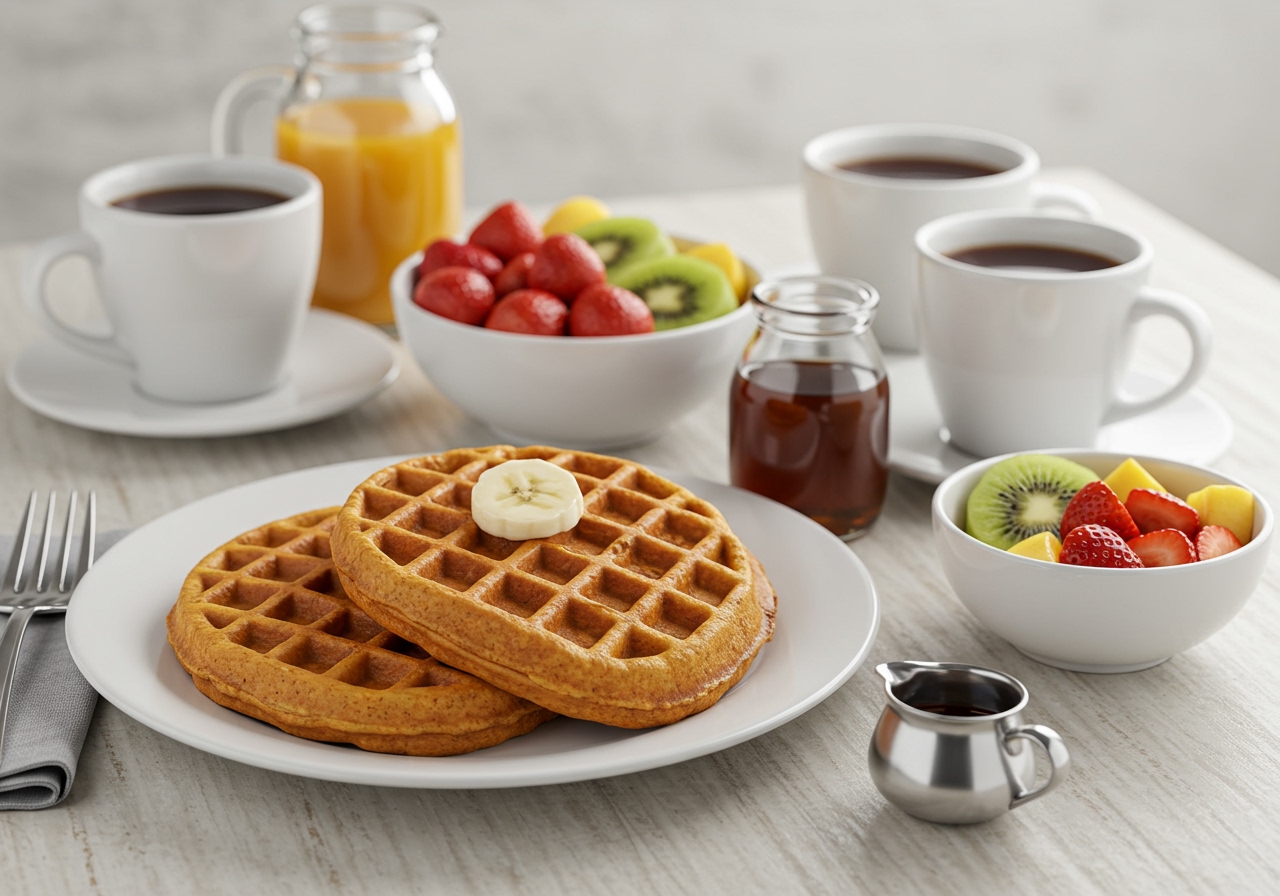 A wide shot of a breakfast spread featuring a plate of fluffy vegan waffles, a bowl of fresh fruit, a small pitcher of maple syrup, and cups of coffee/tea, all in a bright, inviting setting.