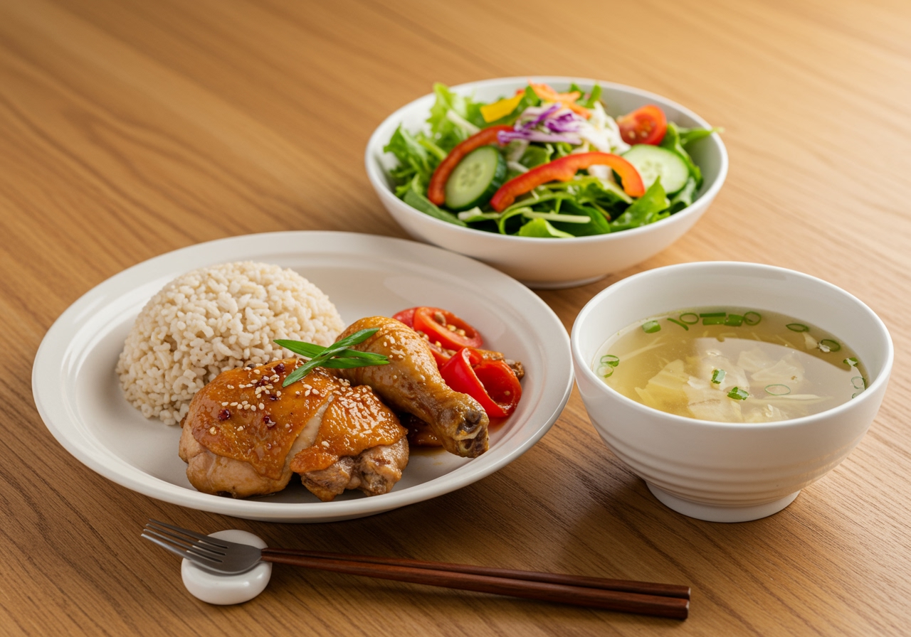 A wide shot of a complete healthy dinner table setting featuring the ginger-flavored adobo chicken as the centerpiece. It's accompanied by a bowl of steamed brown rice, a fresh green salad with colorful vegetables, and a clear, light vegetable soup. The lighting is warm and inviting.