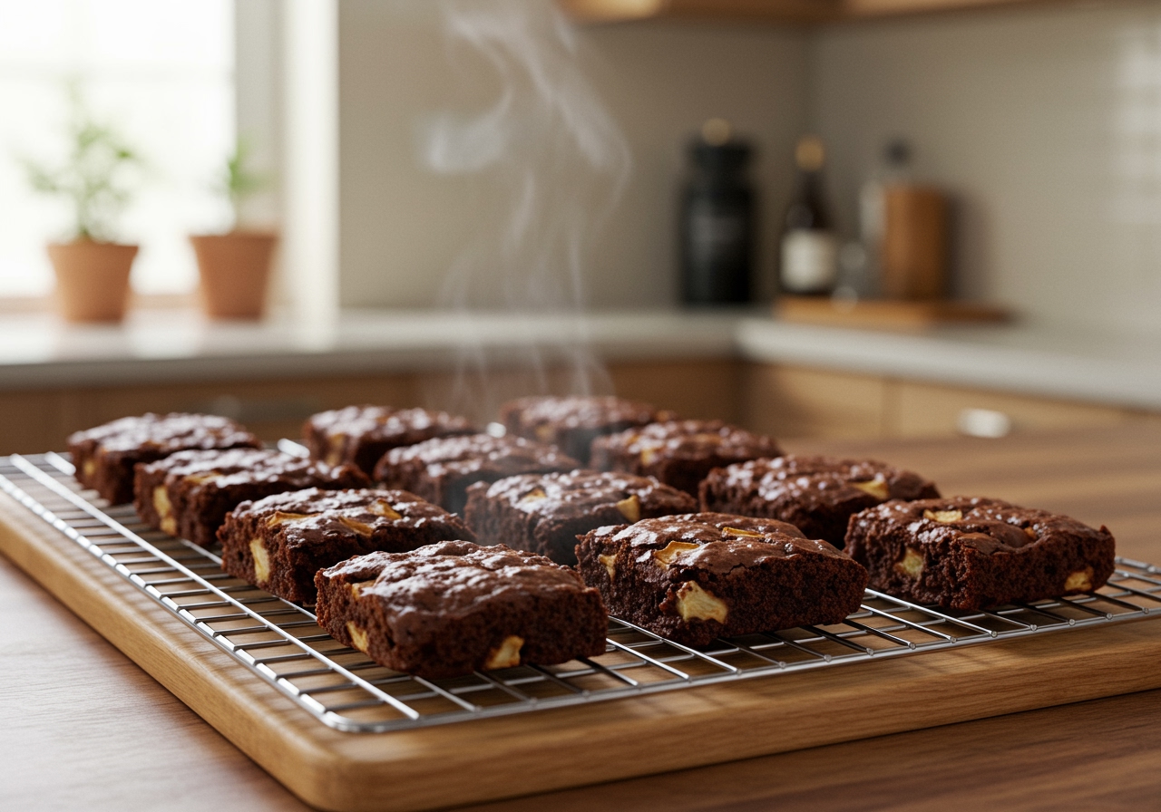A wide shot of a cooling rack filled with freshly baked healthy apple brownies, with a soft blur in the background suggesting a cozy kitchen environment.