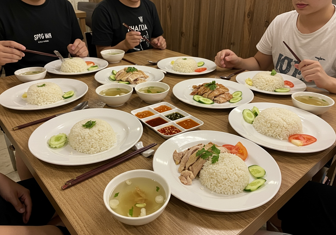 A wide shot of a dinner table setting featuring multiple plates of Singaporean Chicken Rice, bowls of soup, and small dishes of the three sauces, ready to be enjoyed by a family or group of friends.