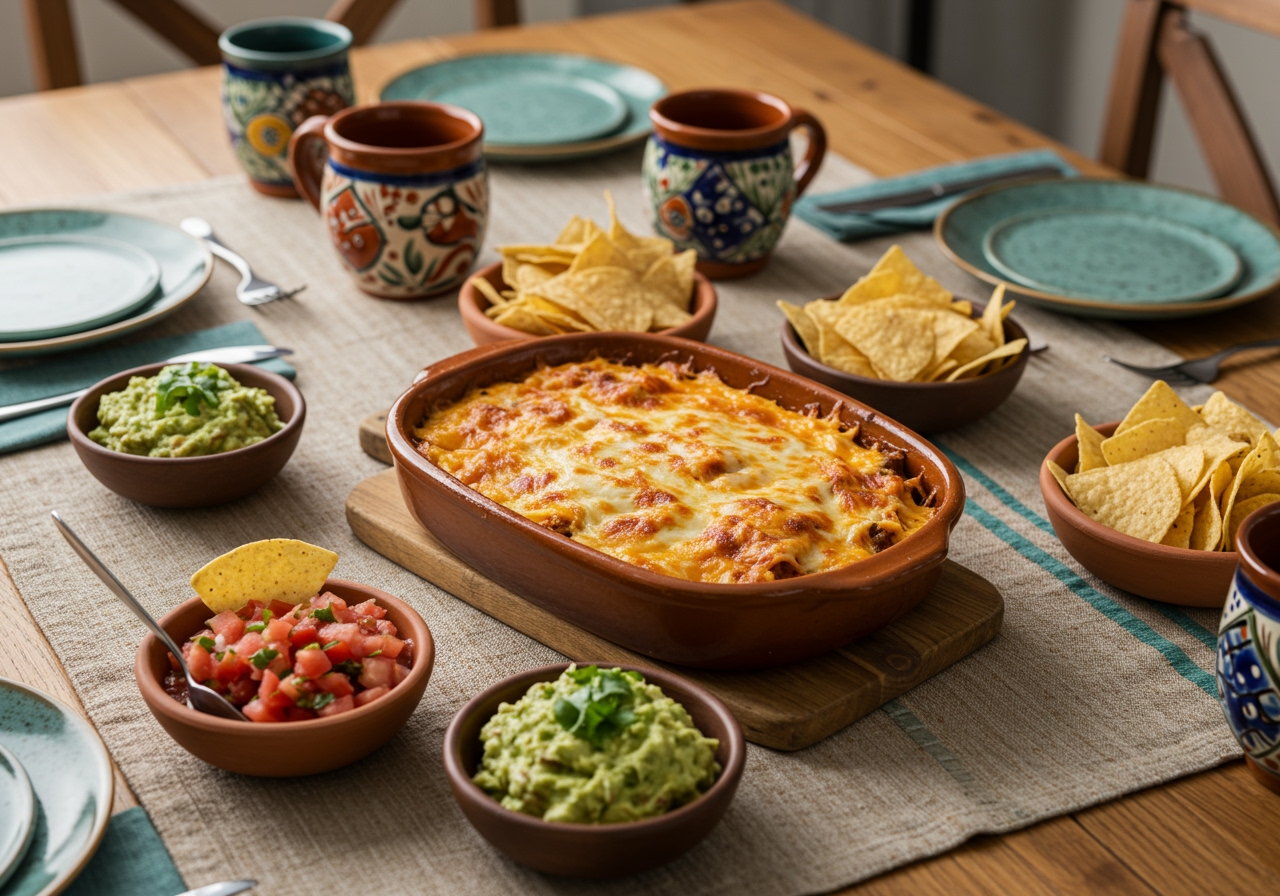 A wide shot of a dinner table setting with a Tex-Mex chicken casserole dish as the centerpiece, surrounded by small bowls of salsa, guacamole, and tortilla chips.