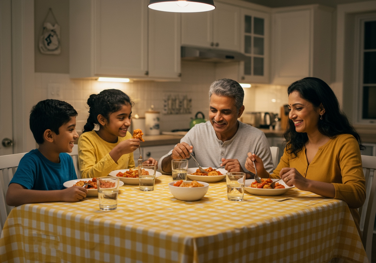 A wide shot of a family enjoying the chicken and tomato stew at a dinner table, with happy expressions and a cozy atmosphere.