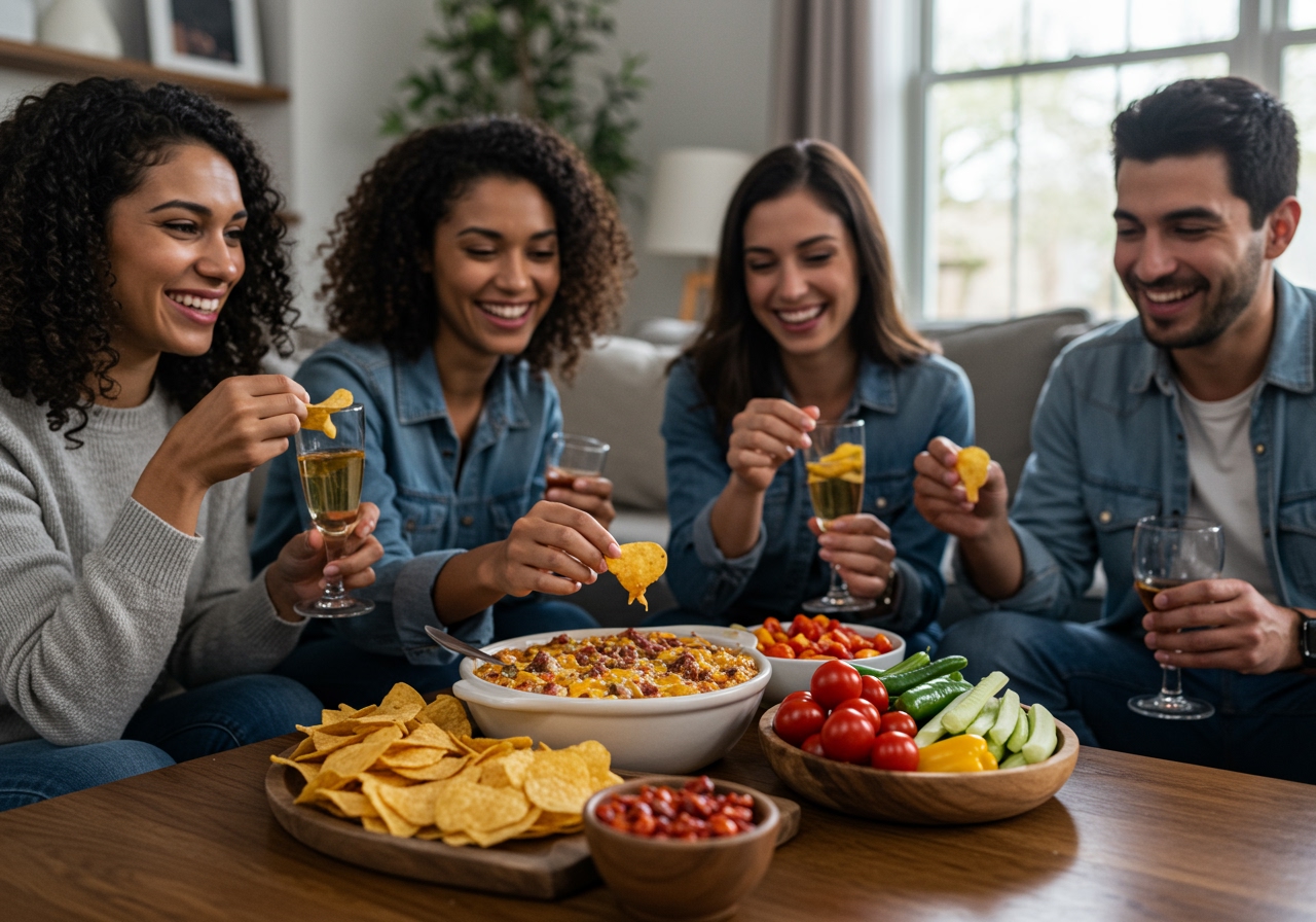 A wide shot of a happy group of people at a casual home party, enjoying chips and vegetables dipped in a bowl of warm Reuben Dip on a coffee table.