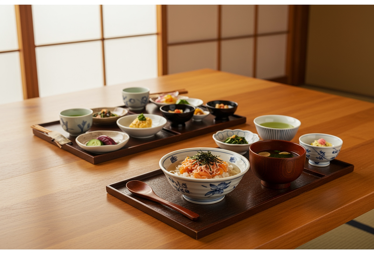 A wide shot of a Japanese-style dining table setting with a bowl of cold chazuke as the centerpiece, surrounded by small side dishes like pickles.