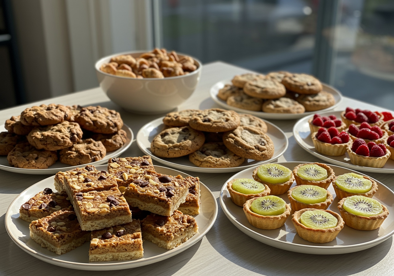A wide shot of a spread of various healthy snacks and desserts, including healthy butter tart squares, mini chocolate chip cookies, and fruit tarts, all arranged appealingly on a table. Sunlight streams in, creating a bright, inviting atmosphere that encourages healthy indulgence.