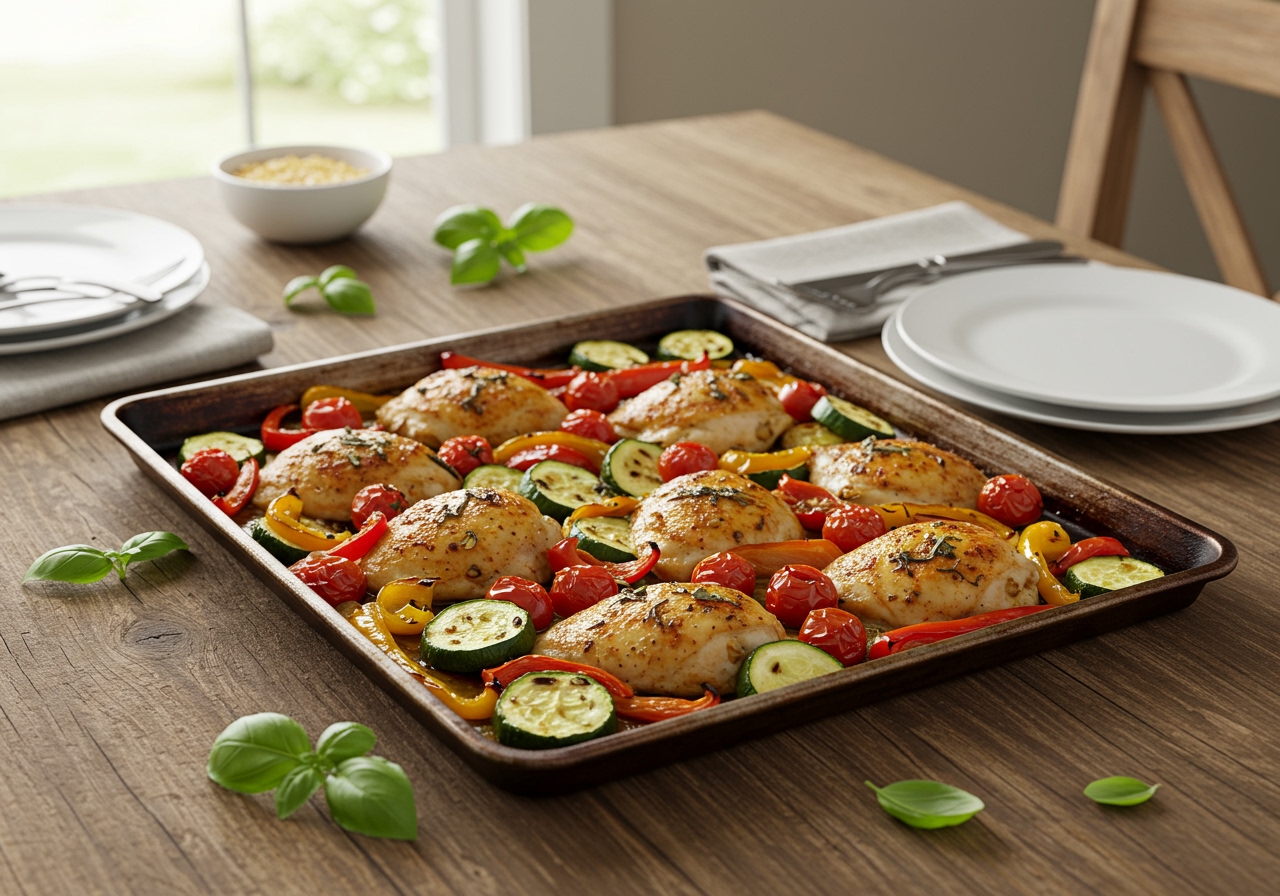 A wide shot of a table setting featuring the sheet pan bake of basil chicken and vegetables served directly on the sheet pan, with plates and cutlery around.