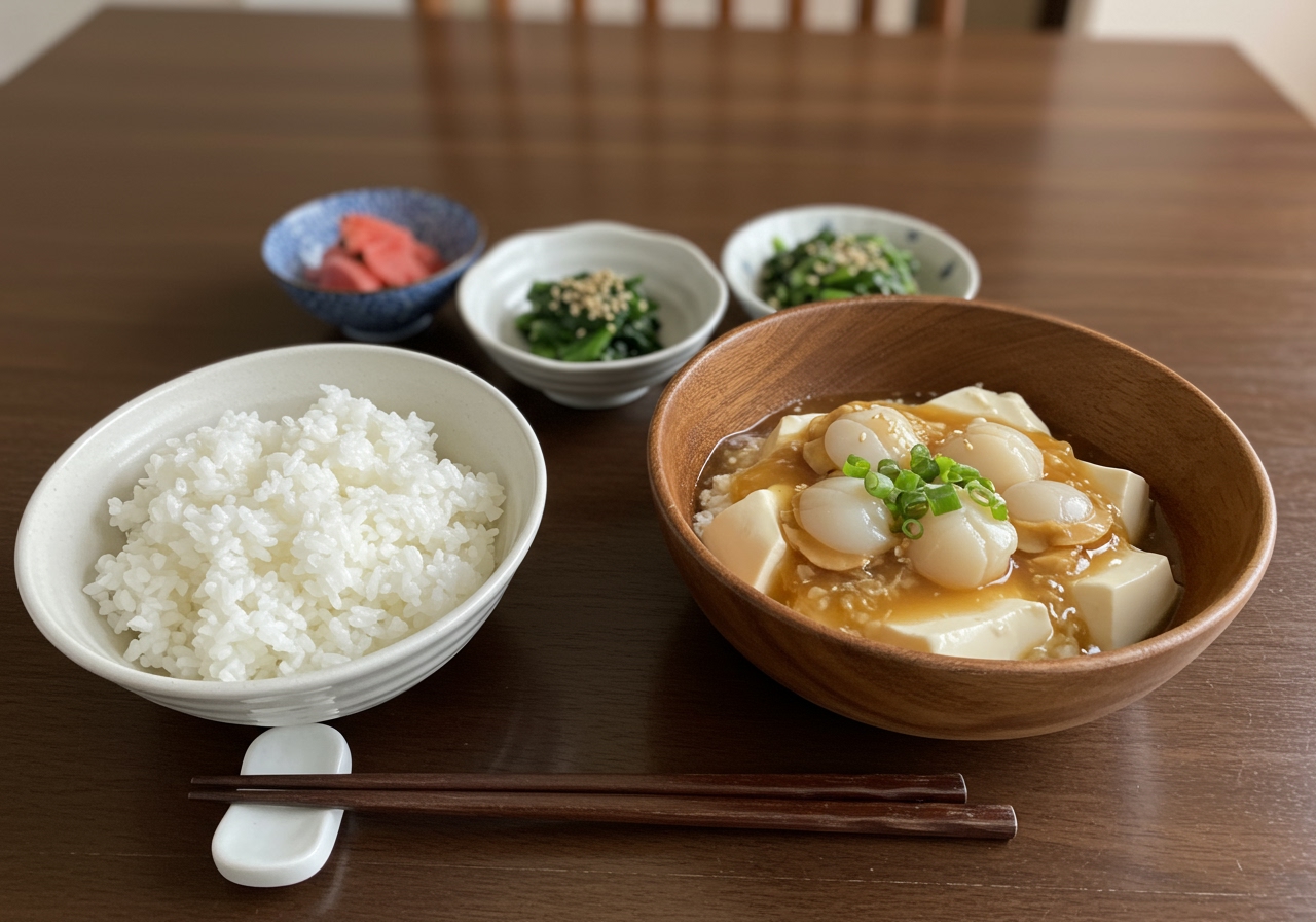 A wide shot of a table setting with a bowl of やわらかホタテのあんかけ豆腐, steamed rice, and simple Japanese side dishes.