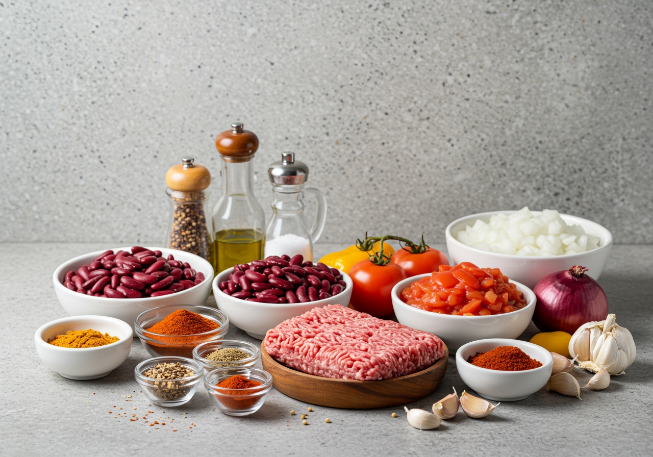 A wide shot of ingredients for chili laid out on a kitchen counter: ground beef, kidney beans, diced tomatoes, chopped onions, garlic, various chili powders and spices in small bowls.