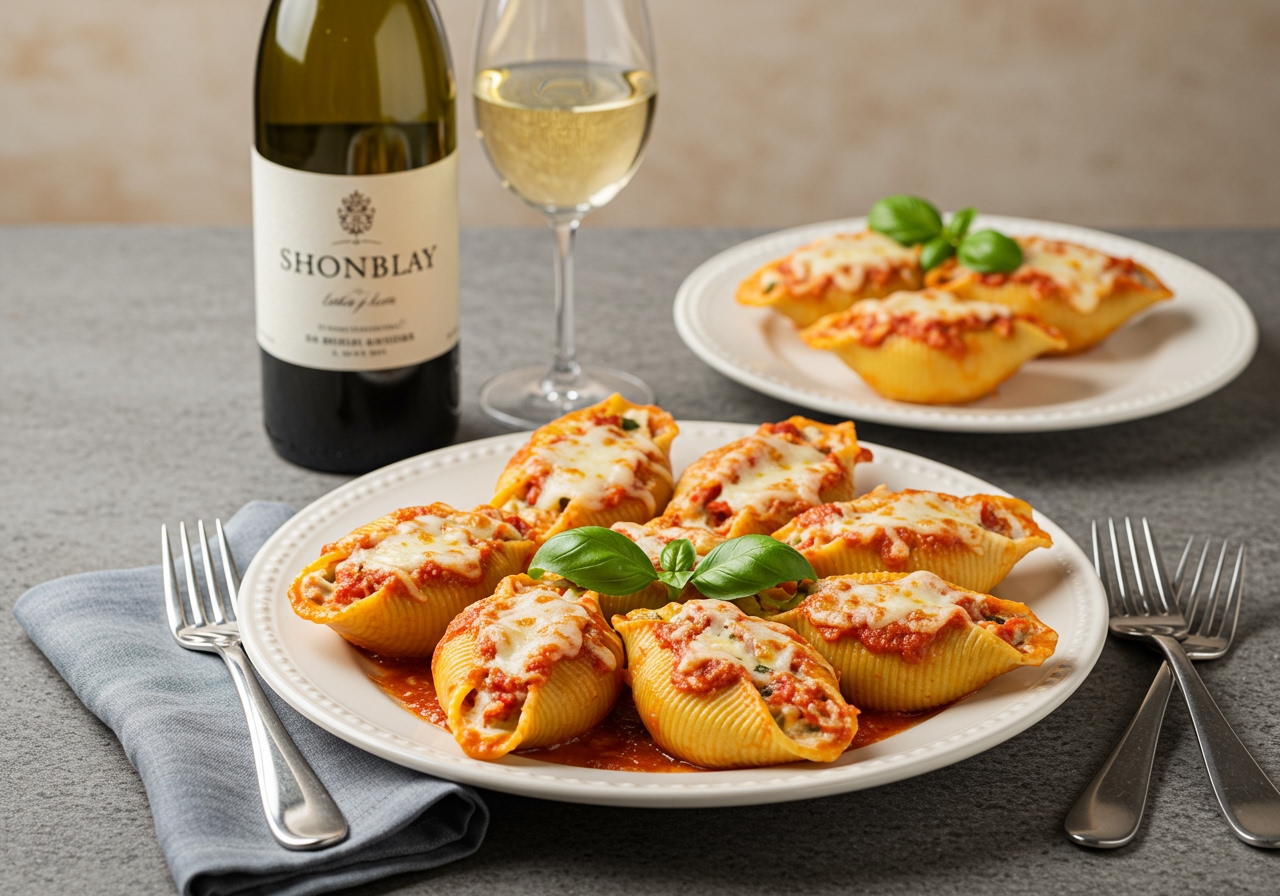 A wide shot of the finished lobster stuffed pasta shells, glistening with sauce and melted cheese, garnished with fresh basil leaves, served with a bottle of white wine and two elegant plates, ready for a romantic dinner.