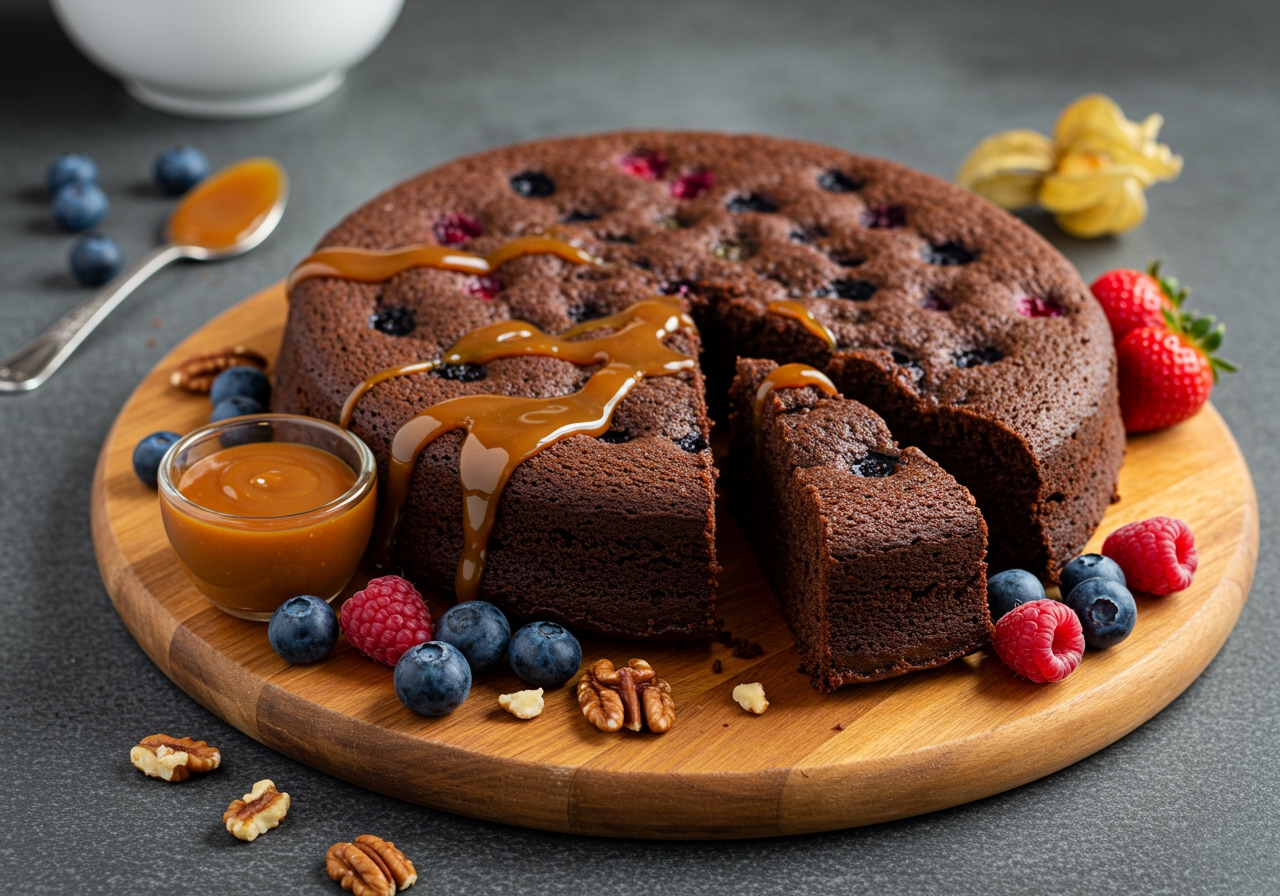 A wide shot of the healthy warm rich chocolate cake, showing a whole cake on a wooden board, surrounded by fresh berries, a small bowl of caramel sauce, and a few chopped nuts. It looks inviting and ready to be served.