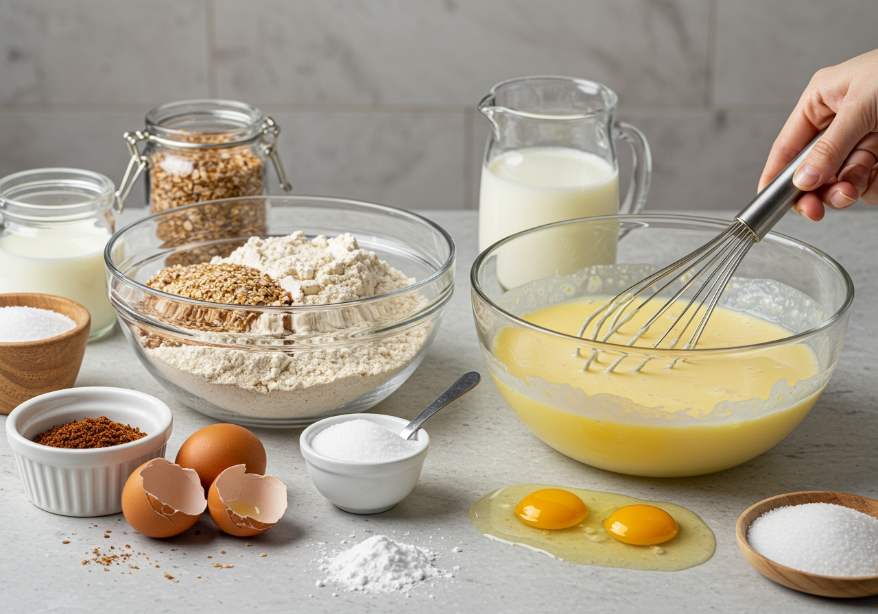 A wide shot showing two bowls on a clean kitchen counter: one with dry ingredients (flour, bran, baking powder) mixed with a whisk, and another with wet ingredients (eggs, milk, oil, sugar) being vigorously whisked. Ingredients are neatly arranged around the bowls.