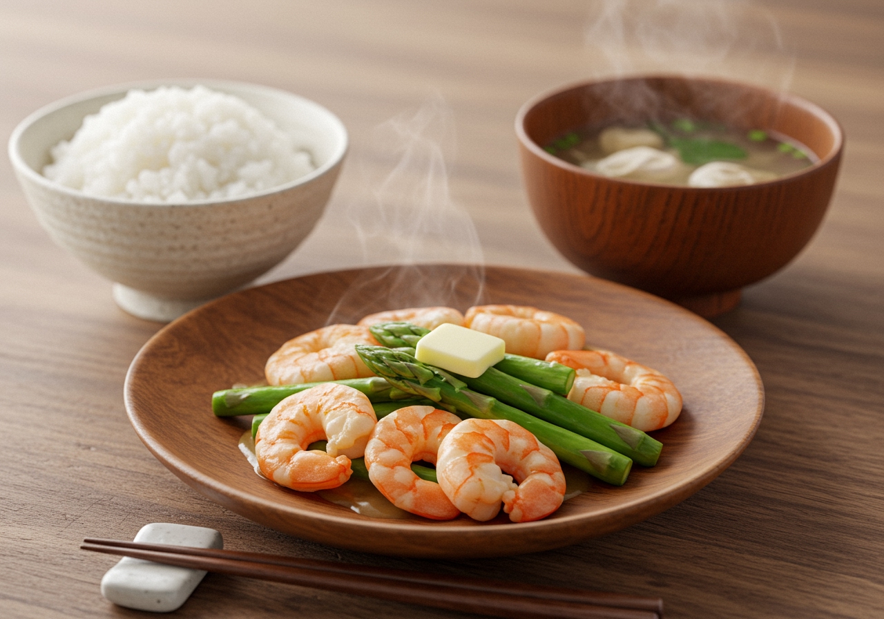 A wider shot showing the エビとアスパラのバター炒め as part of a simple, delicious meal layout, possibly with rice and soup.