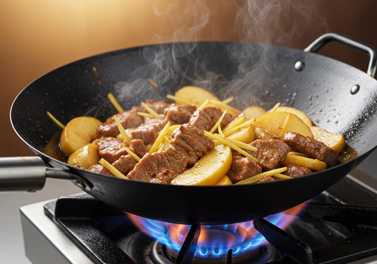 A wok filled with vibrant stir-fried pork, apple slices, and ginger, sizzling on a gas burner, steam rising invitingly.