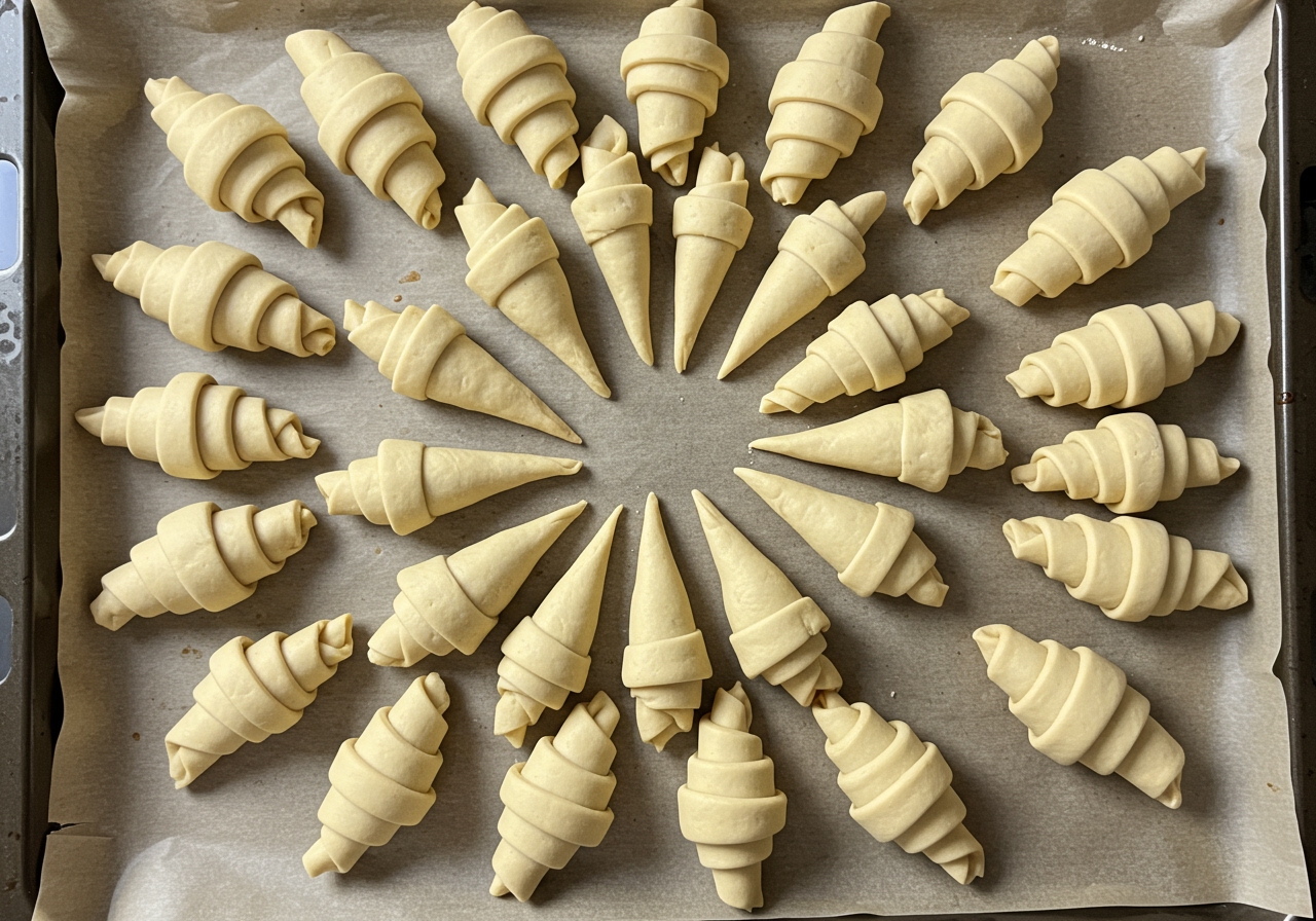 Aerial view showing croissant dough triangles arranged in a ring shape on a baking sheet, with the wider ends overlapping slightly in the center.