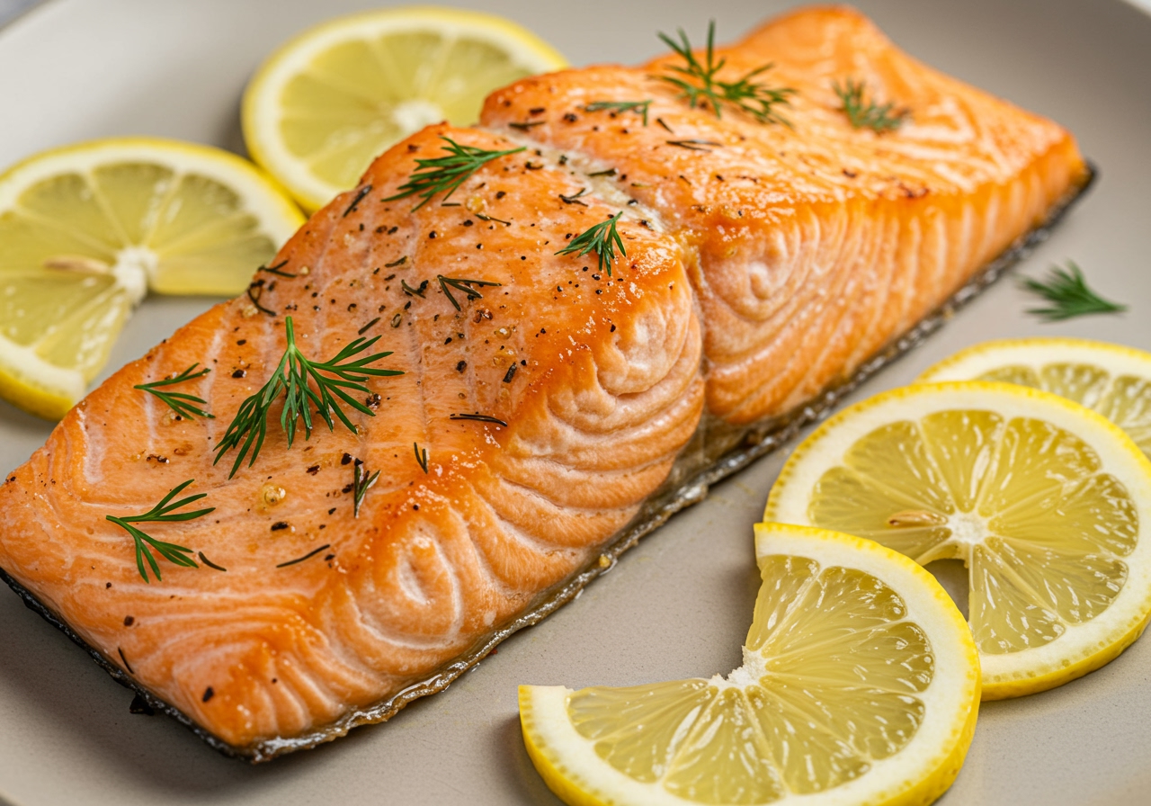 Air fried salmon fillet with crispy skin, garnished with dill and lemon wedges.