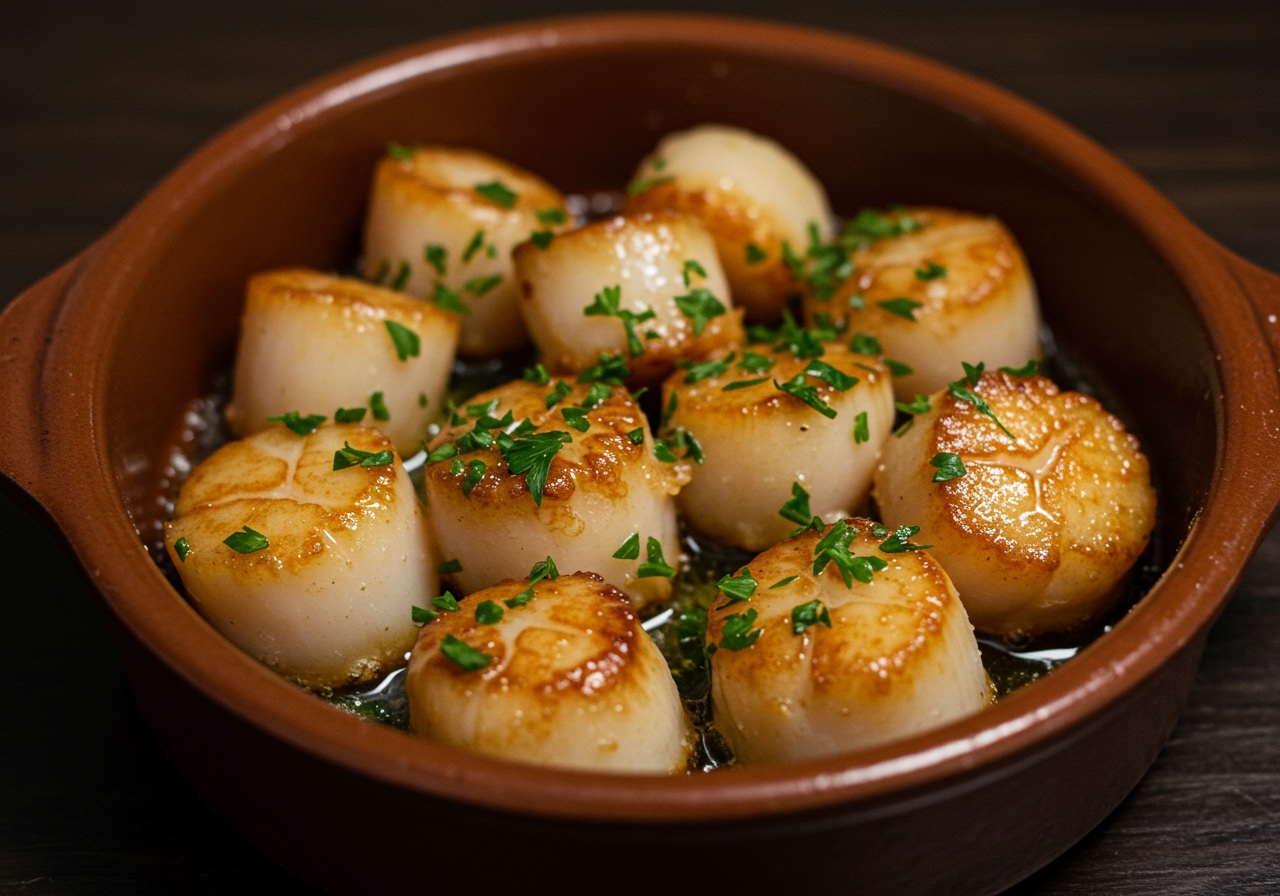 Air fried scallops in a small ceramic dish with melted butter and chopped parsley.