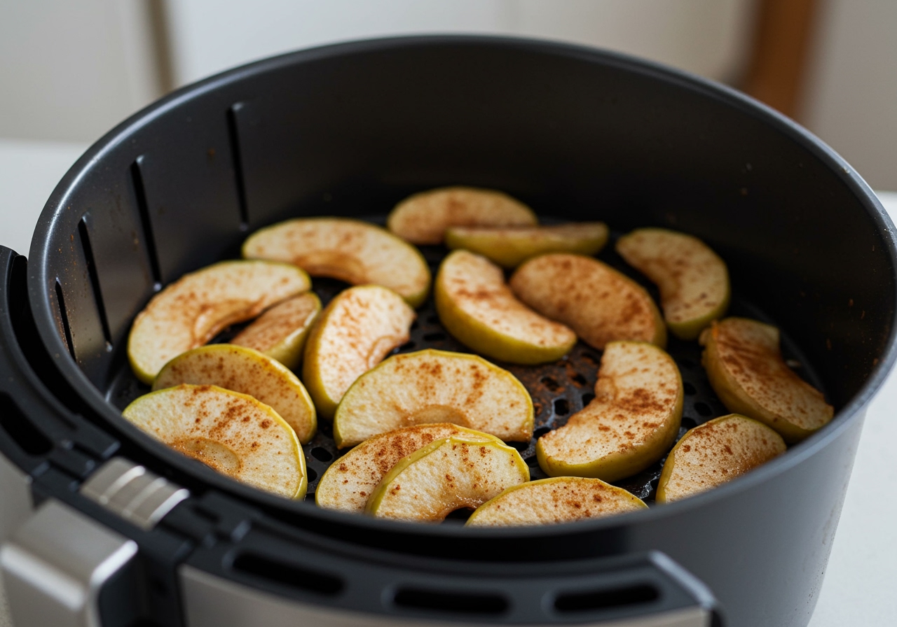Air fryer basket filled with gently baked apple slices with cinnamon