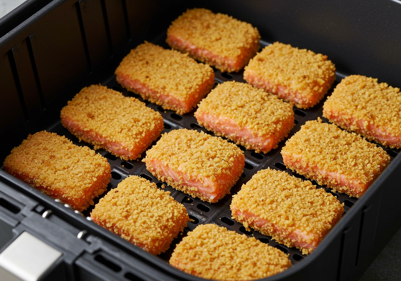 Air fryer basket filled with raw, breaded salmon nuggets, spaced out and ready to cook.