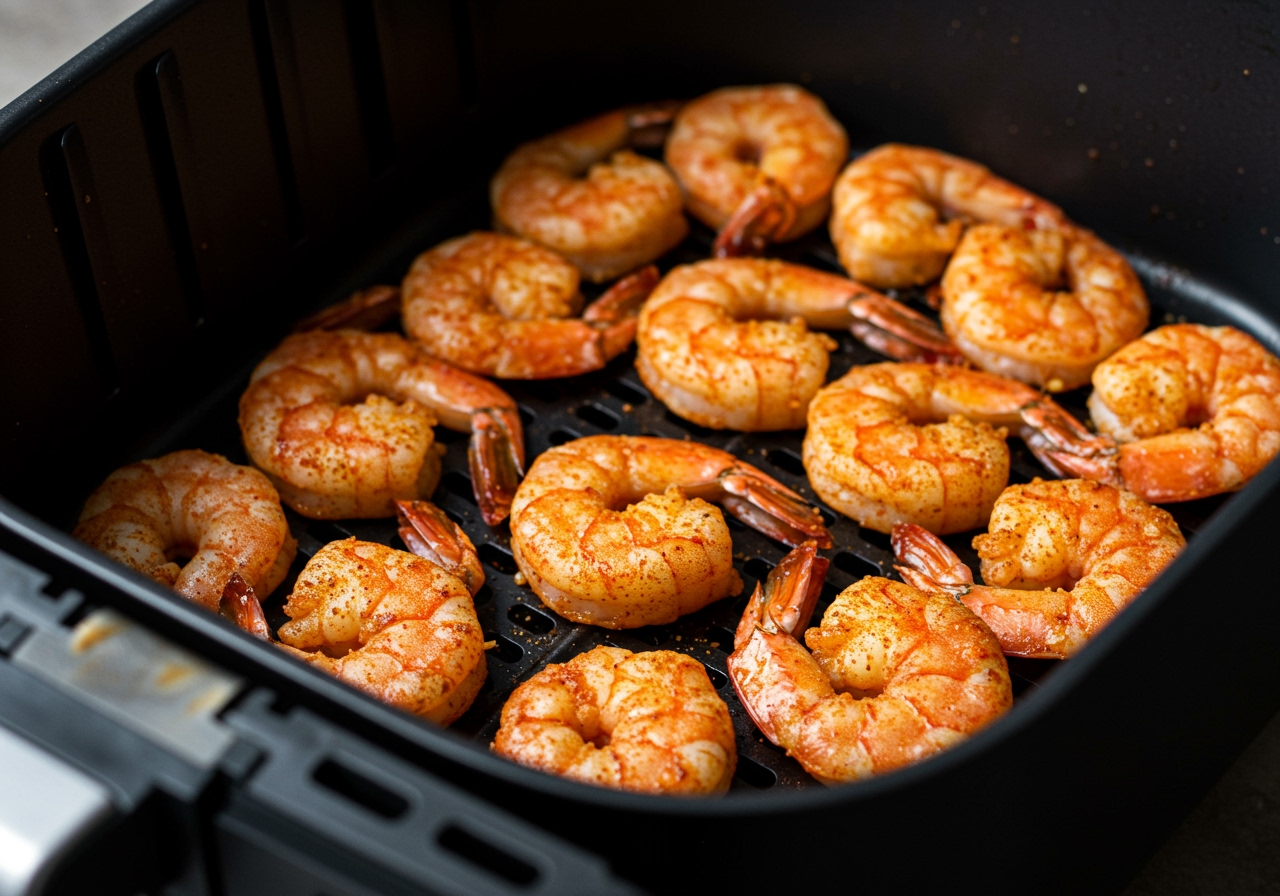 Air fryer basket filled with seasoned shrimp, arranged in a single layer before cooking.
