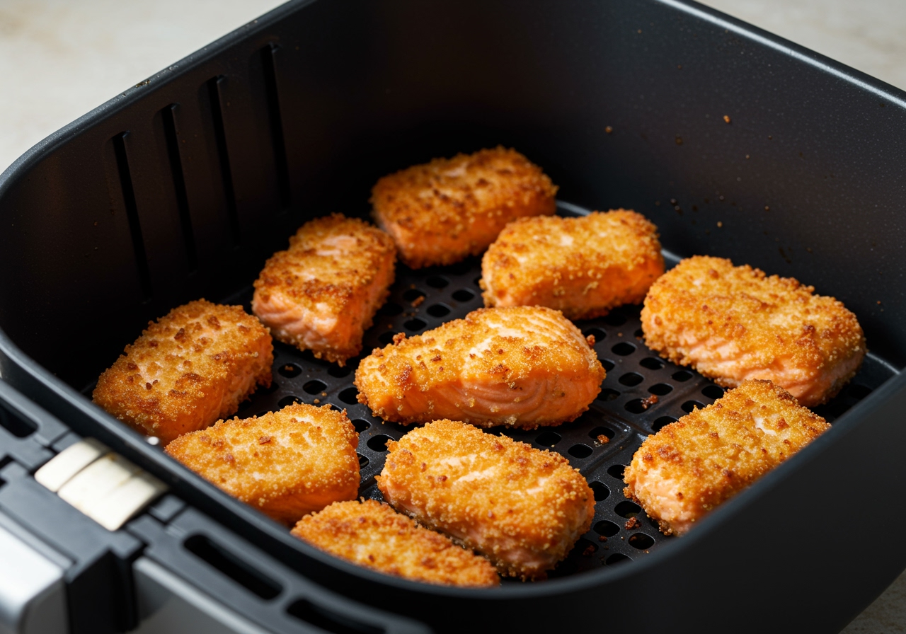 Air fryer basket open, showing golden brown, crispy salmon nuggets halfway through cooking.