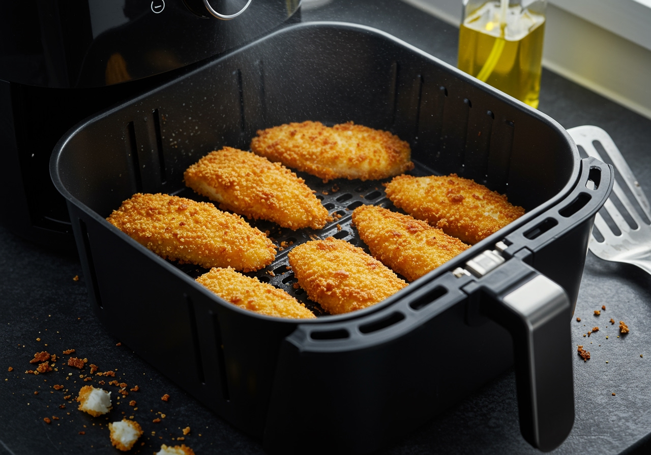 Air fryer basket with breaded fish fillets lightly sprayed with oil