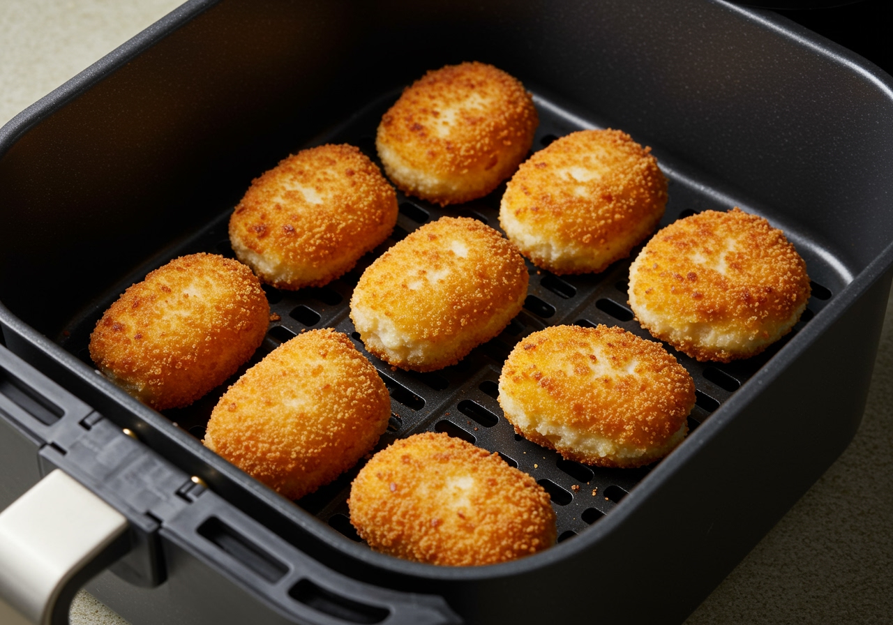 Air fryer basket with several crab cream croquettes placed in a single layer, ready for cooking