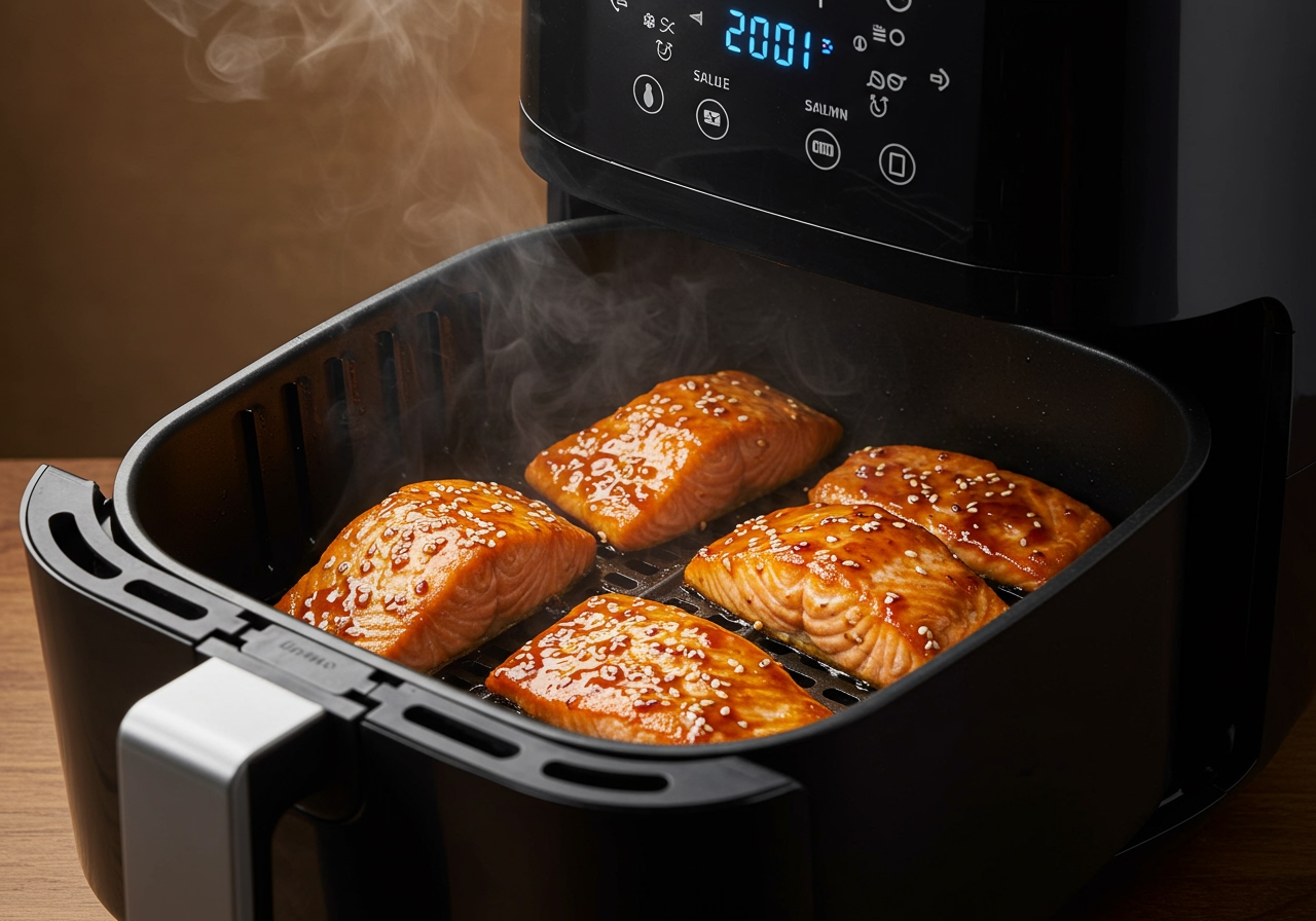 Air fryer basket with teriyaki-glazed salmon fillets cooking inside.