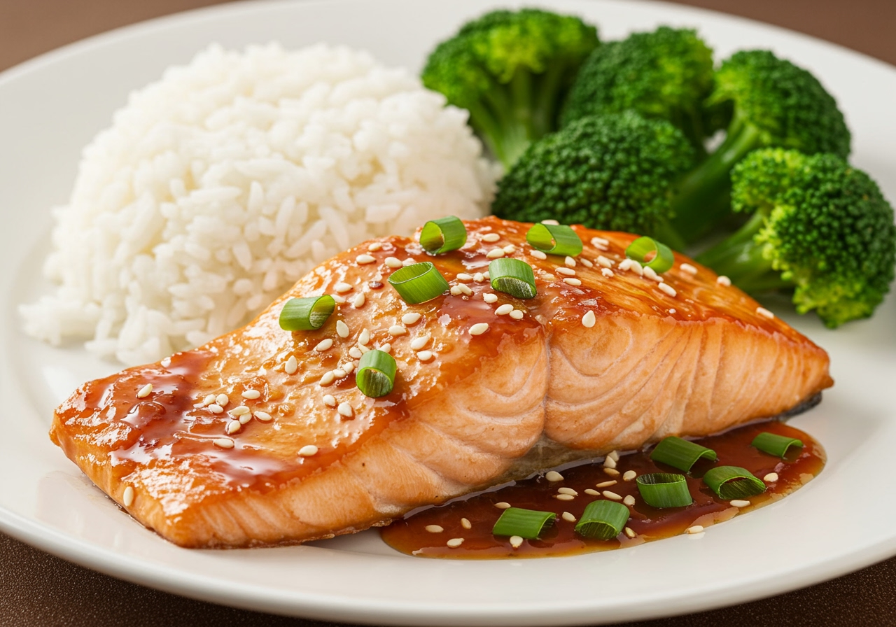 Air fryer teriyaki-style salmon served on a plate with steamed rice, blanched broccoli, and sprinkled with sesame seeds and chopped green onions.