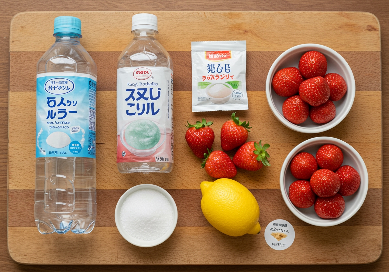 All the ingredients for easy mizu shingen mochi and strawberry compote laid out on a wooden cutting board: clear mineral water bottle, a packet of agar powder, sugar, fresh red strawberries, a lemon, and a small dish of kinako and kuromitsu.