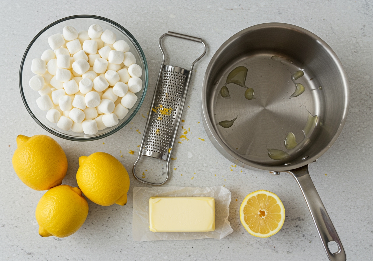 All the ingredients for lemon marshmallow glaze laid out on a clean kitchen counter: a bowl of mini marshmallows, a stick of butter, fresh lemons, a grater for zest, and a small saucepan.