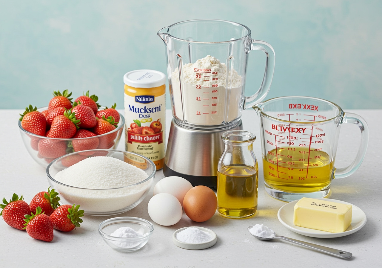 All the measured ingredients for the strawberry blender cake laid out on a counter, including fresh strawberries, flour, sugar, eggs, etc.